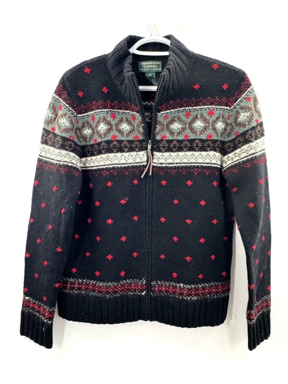 Vintage Ralph Lauren Lambswool Hand Knit Fair Isle Nordic Full Zip Sweater Sz M